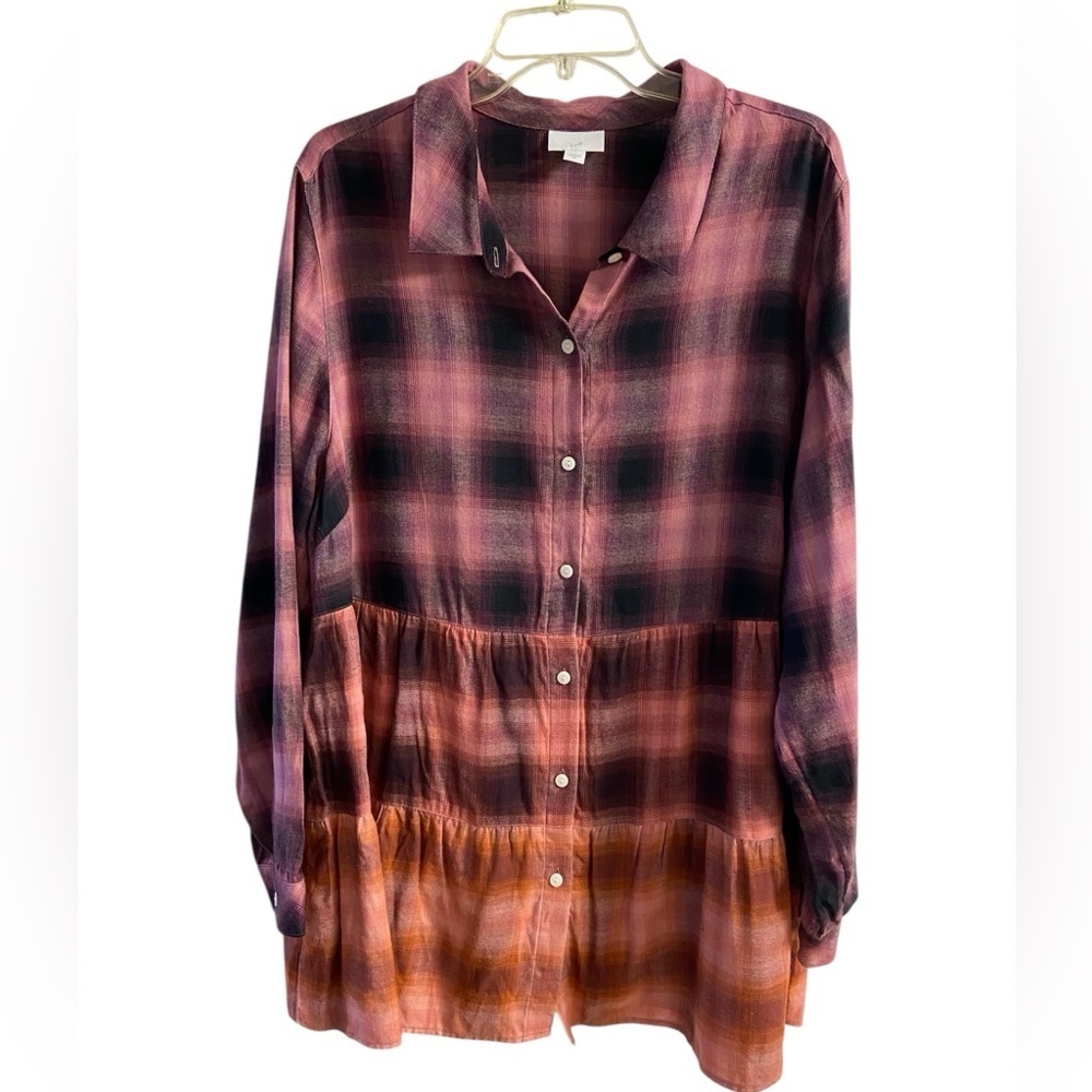 J Jill flannel button front shirt tunic tiered plaid 2X